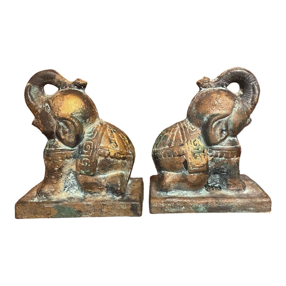Vintage Boho Chic Verdigris Cast Iron Elephant‎ Bookends